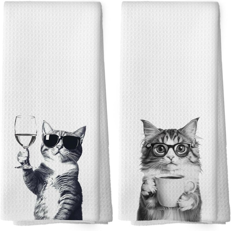 Mcehtle Funny Cat Kitchen Towels Set of 2, Funny Kitchen Decor, Coffee Station Wine Bar Decor, Black and White Cat Owner Gift Hand Towel, Dining Room Decorative Tea Towel Dish Towels 16x24 Inch - Image 1